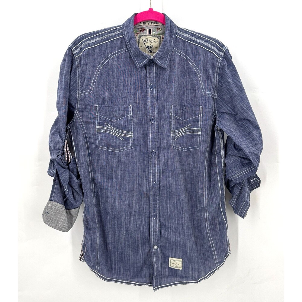 Drill Clothing Shirt Mens M Blue Chambray Western Pearl Snap Roll Tab Slim Fit
